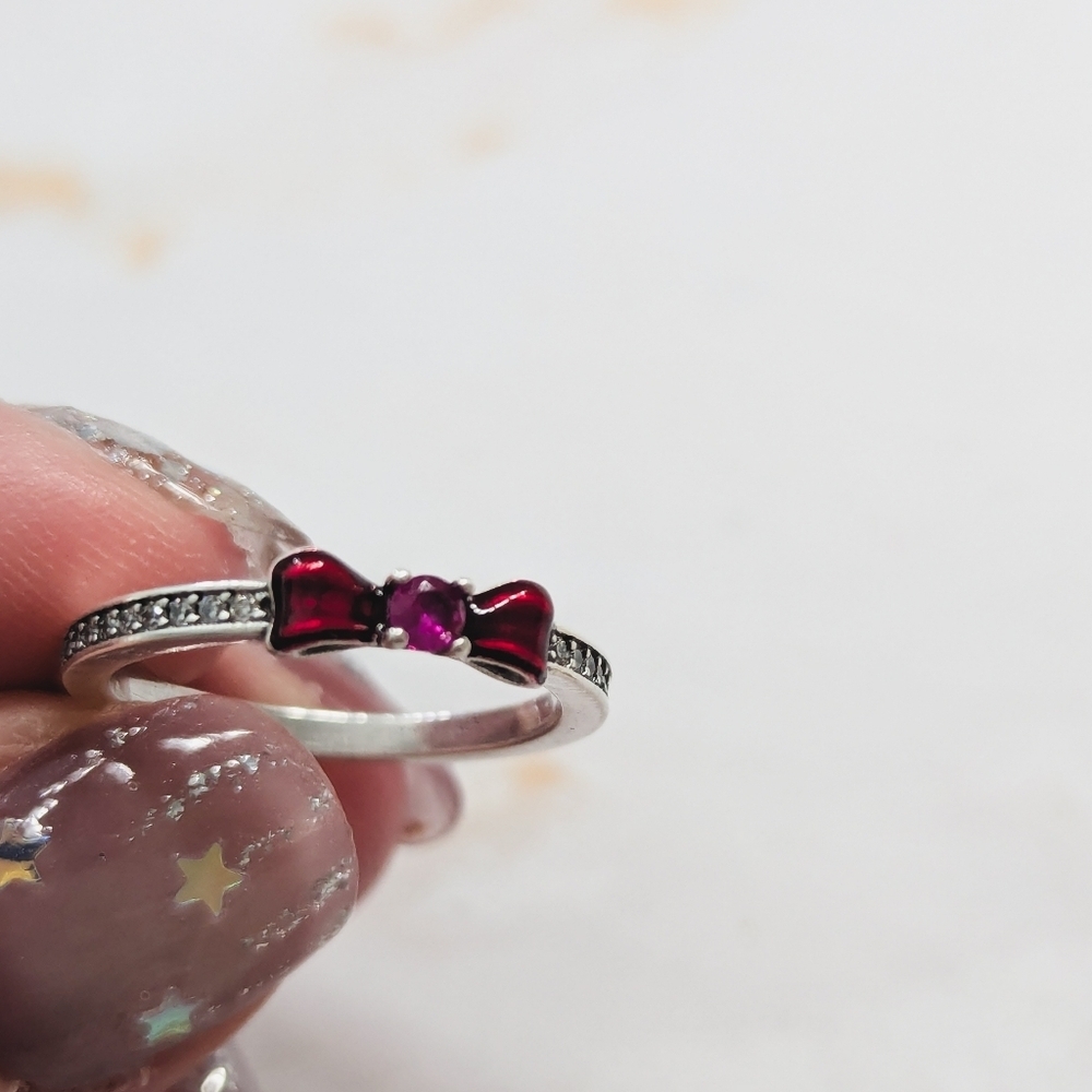 925 Sterling Silver Red Bow Ring Dainty Crystal Coquette Jewelry Size 6.5 - Picture 6 of 6